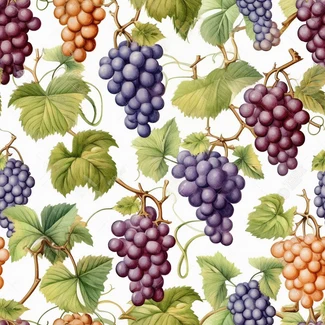 A seamless grapevine pattern with realistic watercolor grapes and leaves on a white background.