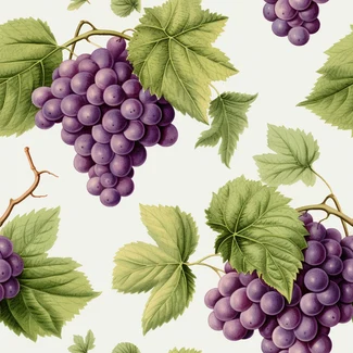 Seamless pattern of vintage purple grapes and leaves on a white background