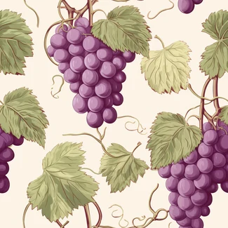 A seamless pattern of purple grapes and green leaves on a beige background.