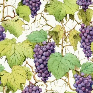 A watercolor illustration of grapevines, leaves, and flowers in shades of purple and green.