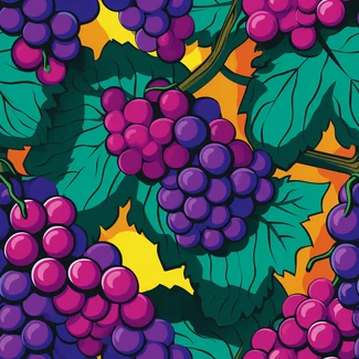 A colorful seamless pattern featuring various grapes and leaves arranged in a surrealistic pop art inspired style against a black background.