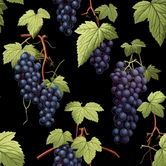 A realistic hand-drawn illustration of black grapes with branches on a black background.