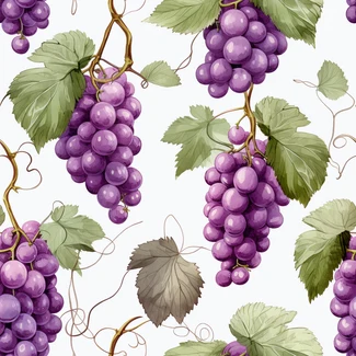 A seamless pattern of grapevines with ripe purple grapes, twisted branches and leaves on a white background