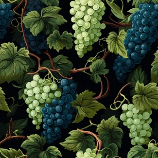 A seamless grapevine pattern with watercolor illustrations of grape vines with leaves on a black background.