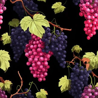 A seamless pattern of purple, red, and green grapes on a dark black background