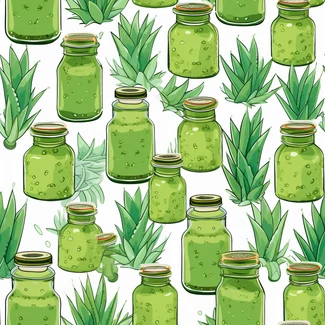 A seamless pattern featuring green aloe vera leaves and buds in jars.