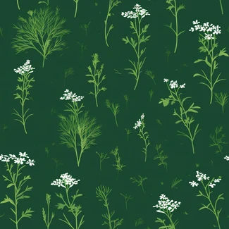 Green and white nature-based seamless pattern featuring foliage, grasses, and geraniums on a dark green background