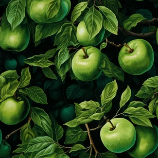 A seamless pattern of green apples on branches with leaves, depicted using richly detailed genre painting techniques, dramatic lighting, and intricate foliage.