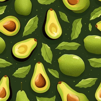 Green avocado seamless pattern featuring detailed illustrations of fresh avocados and leaves on a dark blue background in a superflat style.
