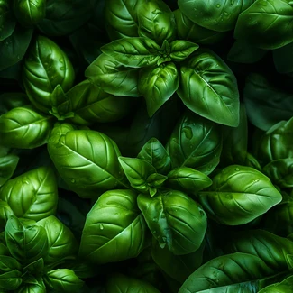 A close-up of green basil leaves on a dark background.