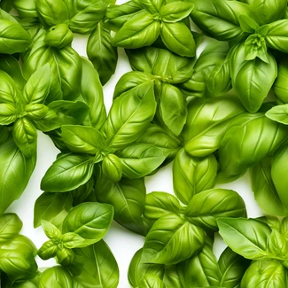 A top view photograph of fresh, green basil plants on a white background with intricate details of the leaves and stems.