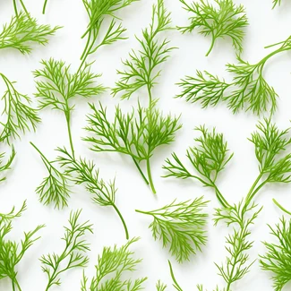 Green dill leaves arranged in a natural pattern on a white background.