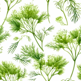 A watercolor seamless pattern featuring green dill leaves on a white background