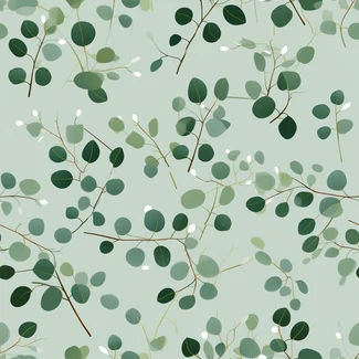 A seamless pattern of green eucalyptus leaves on a light silver and light indigo background
