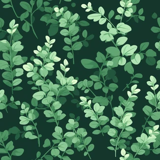A seamless pattern featuring green foliage such as thyme, ferns, and twisted branches set against a dark background.