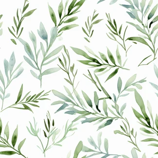 A repeating pattern of delicate green leaves on a white background in a watercolor style