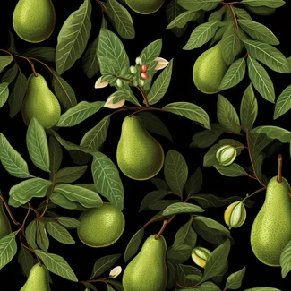 A seamless pattern featuring green pears on a branch with leaves, designed in a realistic chiaroscuro style.