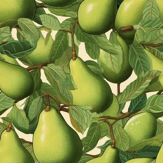A seamless pattern of green pears on a branch, with detailed foliage and a birds-eye-view perspective.