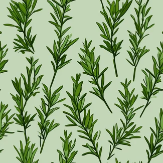 A seamless pattern featuring green rosemary leaves on a light green background in a cartoonish style reminiscent of absinthe culture.