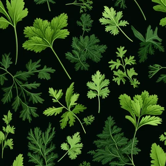 A pattern of green leaves and herbs arranged in a patchwork style on a black background.