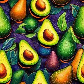 A seamless pattern of colorful avocados and leafs on a white background.