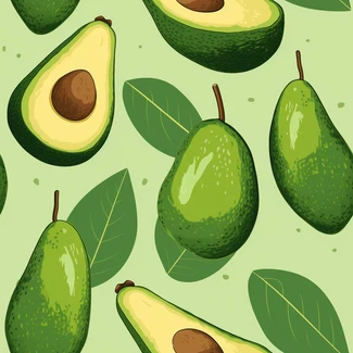 An avocado and leaf seamless pattern in green color and a snailcore vibe.