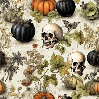 A spooky Halloween pattern of pumpkins and skulls in a botanical study style