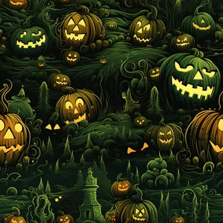 A spooky forest with many pumpkins in various shades of green