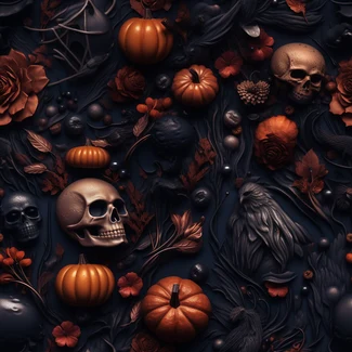Halloween night garden with skulls, pumpkins, and flowers