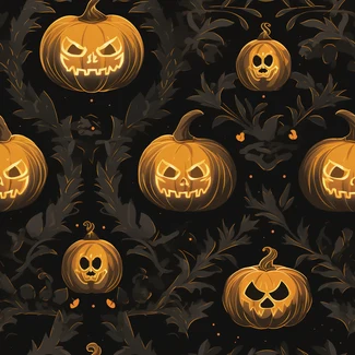 A Halloween seamless pattern featuring a variety of pumpkins and foliage.