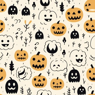 A playful Halloween pattern featuring pumpkins, trees, and leaves rendered in a crisp, cartoonish style.