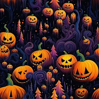 Halloween pumpkins pattern with intricately carved pumpkins on a smokey background