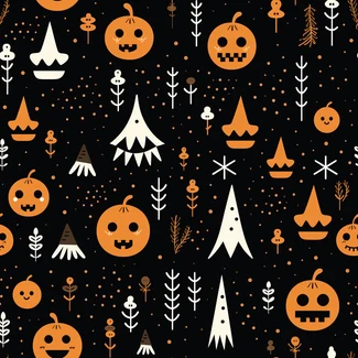 A Halloween pattern featuring orange pumpkins and trees on a black background in a folk-inspired illustration style.
