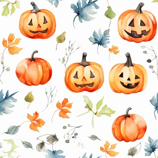 A playful and emotive Halloween pumpkin pattern with a watercolor background of leaves.