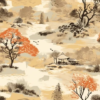 A colorful seamless pattern featuring trees, water, birds, and a lake in the style of brushstroke fields, monochrome painting, and mid-century illustration.