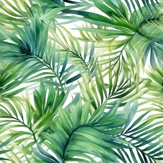 A watercolor pattern of lush green palm leaves on a white background