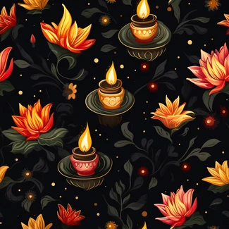 A seamless pattern featuring lotus flowers and candles set against a dark orange and dark black backdrop.