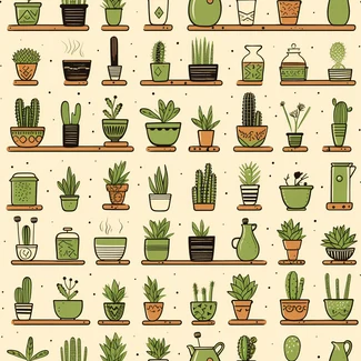 A repeating pattern of various potted cactus plants on shelves.