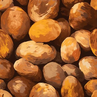 A repeating pattern of harvest foods including potatoes, almonds, cranberries, and acorns rendered in a realistic style with painterly brushwork and a neogeo style repetition.