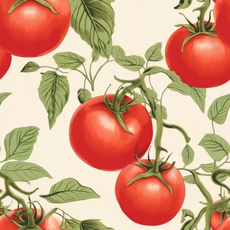 A seamless wallpaper pattern of tomato vines with red tomatoes and green leaves on a beige cream background.