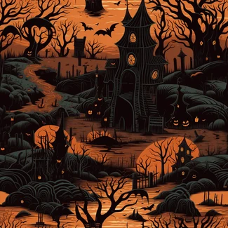 A haunted forest with a castle on the horizon, surrounded by twisted trees, skeletons, witches, and ghosts. The design features vibrant color fields in black and orange, with intricate textile patterns and detailed architectural scenes.