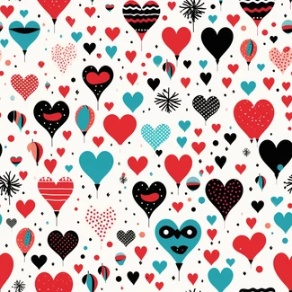 A pattern of black hearts and balloons in red, black, and blue fabrics on a light red and dark cyan background.