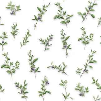Herb infused pattern with thyme, olive, rosemary, flowers and basil leaves on a white background.