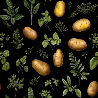 A seamless pattern featuring potatoes, rosemary and herbs on a black background