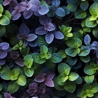 A mesmerizing pattern of green and purple leaves arranged in a texture-based, flower pattern, with a mix of light black and dark azure in the background.