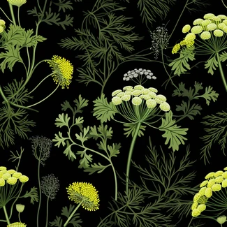 A seamless pattern of dill and herbs on a black background with intricate detailing, reminiscent of botanical illustrations.