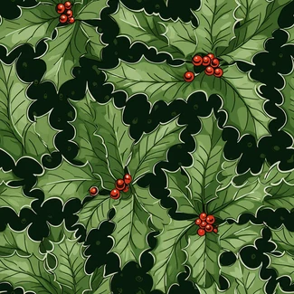 Holly Jolly Christmas Pattern with hand-painted holly leaves and vibrant red berries on a seamless dark emerald background.