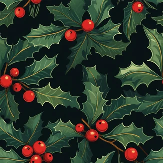 Holly leaves and berries on a black background, perfect for Christmas projects