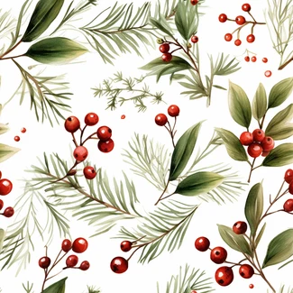 A watercolor seamless pattern of holly and berries in red and white