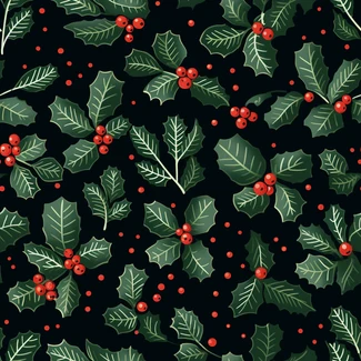 Holly leaves and berries seamless pattern on a black background